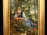 une peinture à l'huile représentant une femme assise dans l'herbe avec un panier de fruits