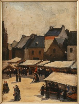 an image of a painting of a market scene with people walking around