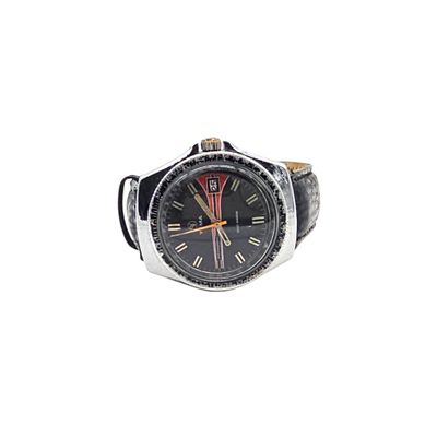 wrist watch with black dial and roman numerals on black leather strap