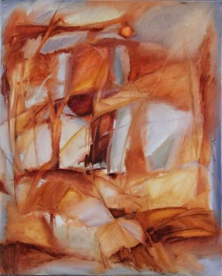 une peinture abstraite représentant une orange et du blanc sur fond blanc