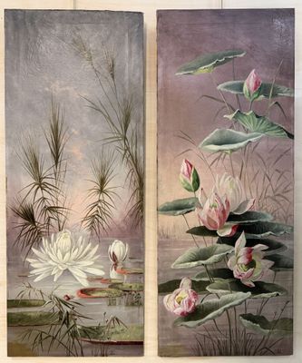 two paintings of water lilies and a bird in a pond