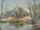 an oil painting of a river with a barn in the background