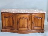 a wooden cabinet with a marble top on a white background