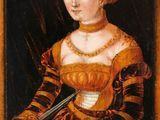 a painting of a woman in a red dress holding a knife