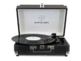 an image of a black suitcase with a record player inside of it