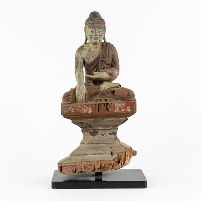 Bouddha Shan antique en bois sculpté, Bois sculpté et patiné…