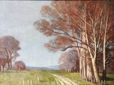 a painting of a country road with trees in the background