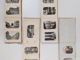 several old photographs of buildings and buildings are displayed on a white surface