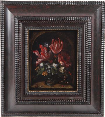 an oil painting of flowers in a vase on a table