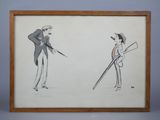 two drawings of a man in a suit and a woman in a hat with a cane