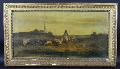 une image représentant un tableau où l'on voit un homme à cheval avec un troupeau de moutons