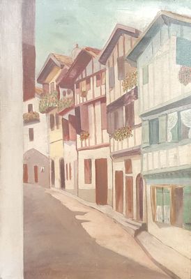 a picture of a painting of a street in a town