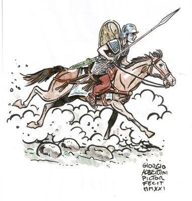 dessin représentant un homme en armure à cheval, une épée à la main