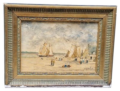 une image d'une peinture de bateaux sur la plage