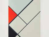 an abstract painting of squares and rectangles in red, white, blue, and black