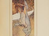 painting of a woman in a white dress standing next to a bed