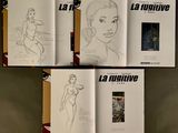three pages of a book with a drawing of a woman in a bikini