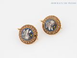 two pairs of gold and enamel earrings with blue and white designs