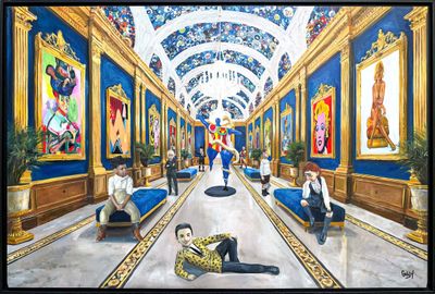 painting of a man laying on the floor in a large room