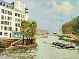 une peinture représentant un bateau sur l'eau, devant un immeuble
