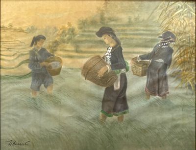 un tableau représentant trois femmes portant des paniers dans un champ