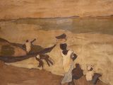 a painting of people on a beach with a boat in the background