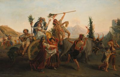 painting of a group of people riding on the back of horses