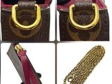 several pictures of a purse with a chain hanging from it ' s side