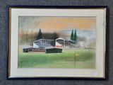 framed watercolor painting of a baseball stadium with a fence and trees