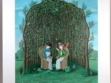 an image of a painting of two people sitting in a chair under a tree