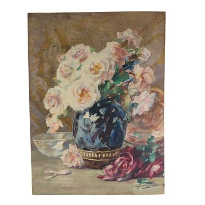 a painting of roses in a blue vase on a table