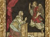 une image représentant un tableau où figurent un ange et une femme dans une pièce