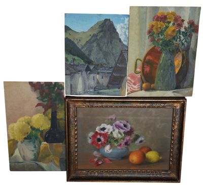 three paintings of flowers and fruit on a table in front of a window