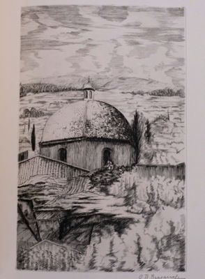 an image of a drawing of a barn in a field
