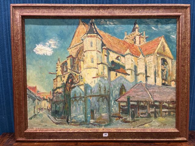 École Française 20ème. « L’église de Moret sur Loing », huile sur