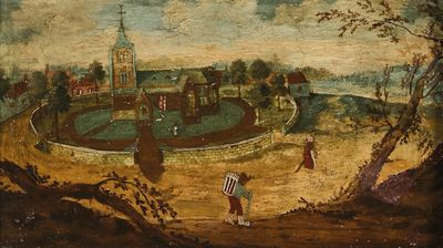 une image représentant un tableau de paysage avec une fontaine au premier plan