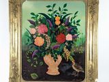 a painting of a vase with flowers and birds in it