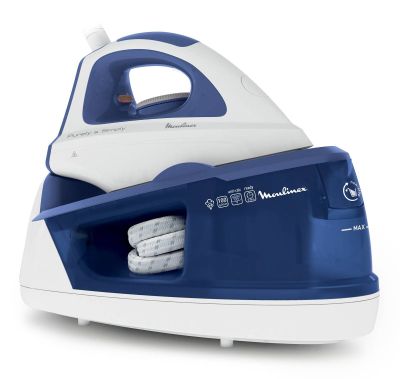 a close up of a blue and white steam iron on a white background