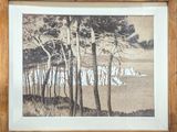 peinture représentant un paysage avec des arbres et un plan d'eau en arrière-plan