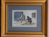 tableau représentant un homme et un chien, encadré et accroché au mur