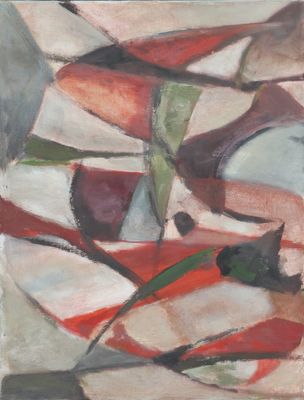 peinture abstraite représentant des formes rouges, blanches et vertes sur fond blanc