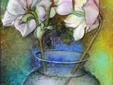 pastel painting of two flowers in a vase on a table
