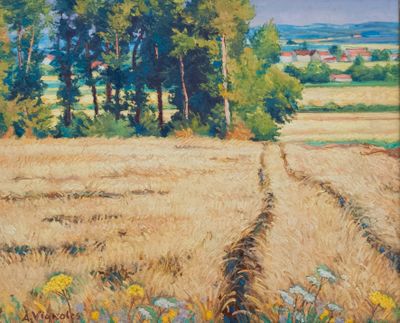 an oil painting of a field of grass with trees in the background