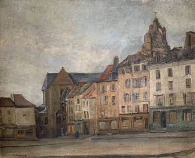 tableau représentant une scène de rue avec, en arrière-plan, des bâtiments et une tour horloge