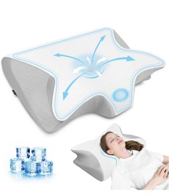 an image of a woman laying on a pillow with a cooling pad
