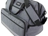 the duffel bag is grey and has a black strap
