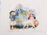 un tableau représentant une femme et deux enfants avec une chèvre