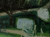 a painting of a boat on the grass by a tree