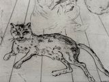 un dessin représentant un chat allongé par terre à côté d'un autre chat
