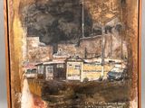 an oil painting of a factory with smoke coming out of it